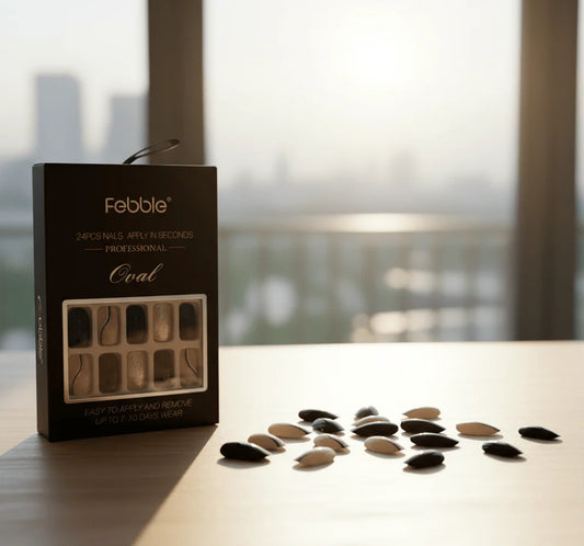 Febble Elegant Black Nude Oval Nails | Press-On Manicure